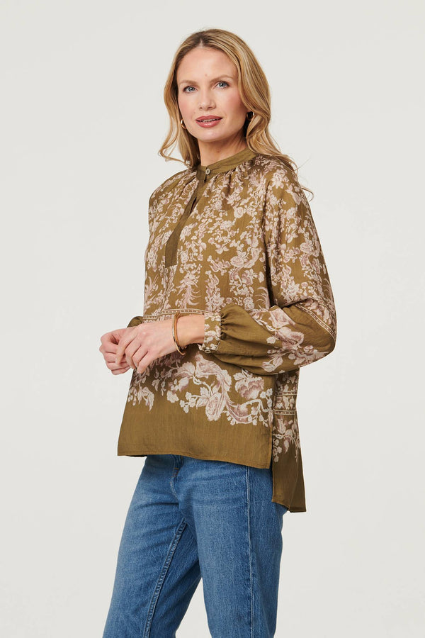 Green | Floral Long Sleeve High Neck Blouse