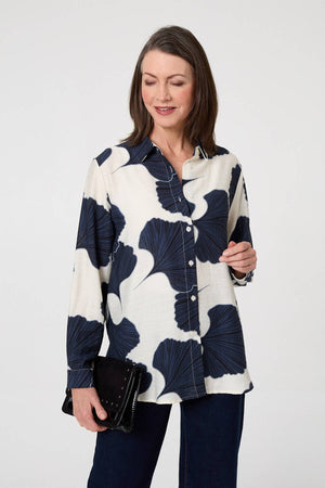 Navy | Abstract Long Sleeve Button Front Shirt
