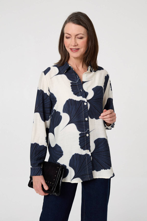 Navy | Abstract Long Sleeve Button Front Shirt
