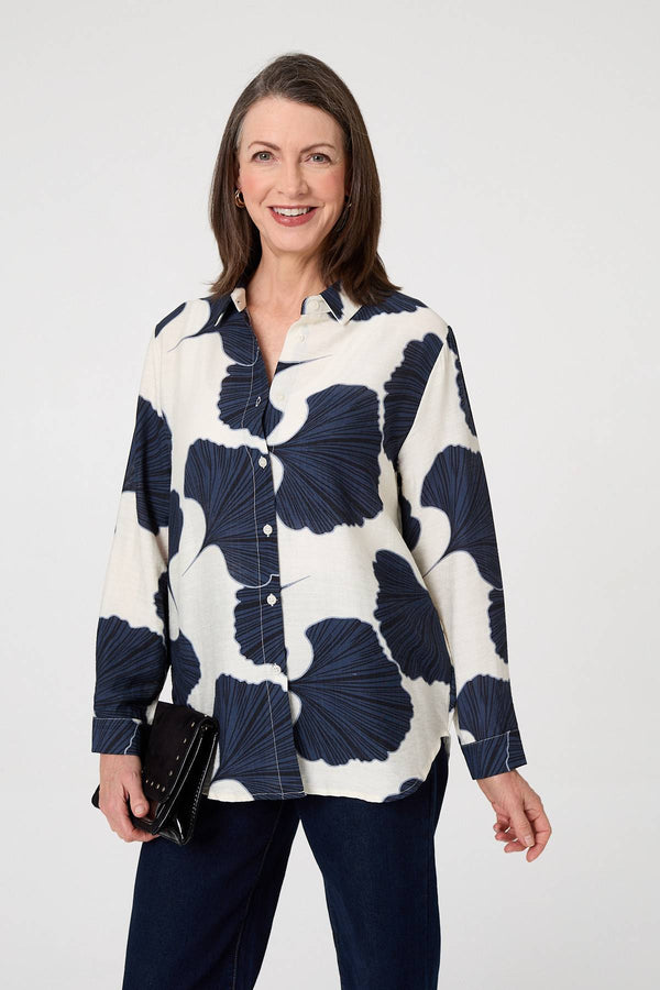 Navy | Abstract Long Sleeve Button Front Shirt
