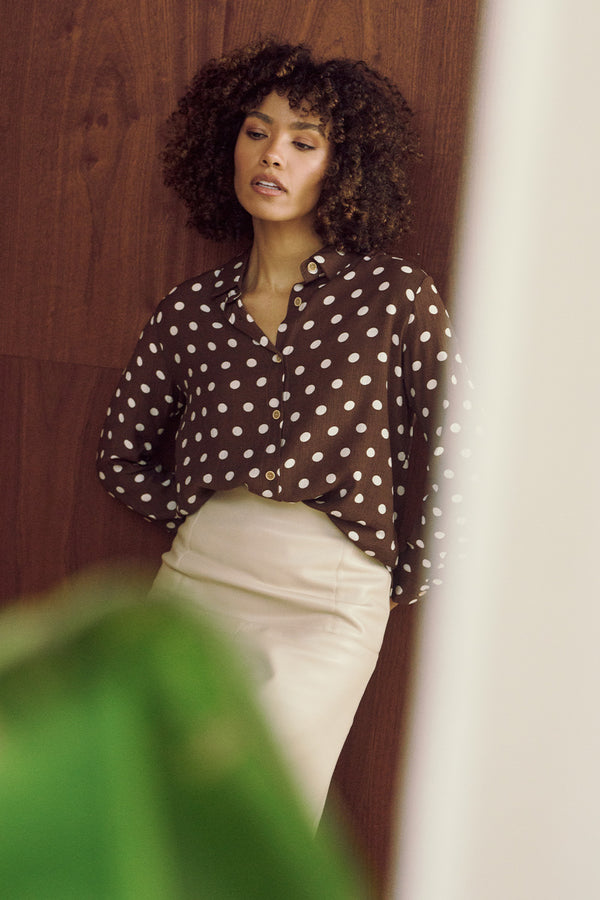 Brown | Polka Dot Print Long Sleeve Shirt : Model is 5'8"/172 cm and wears UK8/EU36/US4/AUS8