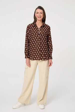 Brown | Polka Dot Print Long Sleeve Shirt : Model is 5'8