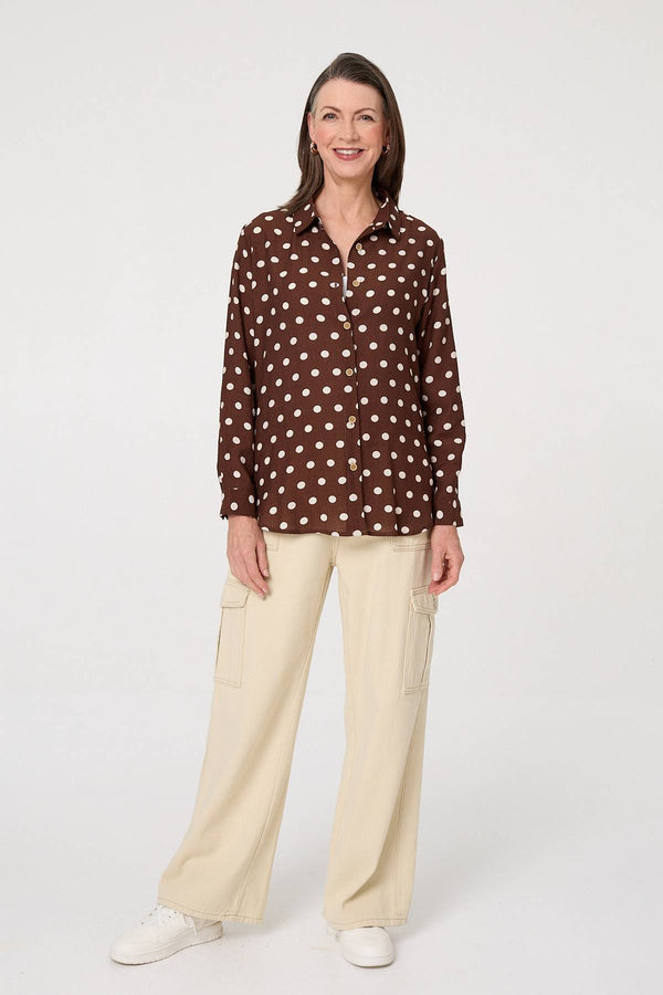 Brown | Polka Dot Print Long Sleeve Shirt : Model is 5'8"/172 cm and wears UK10/EU38/US6/AUS10