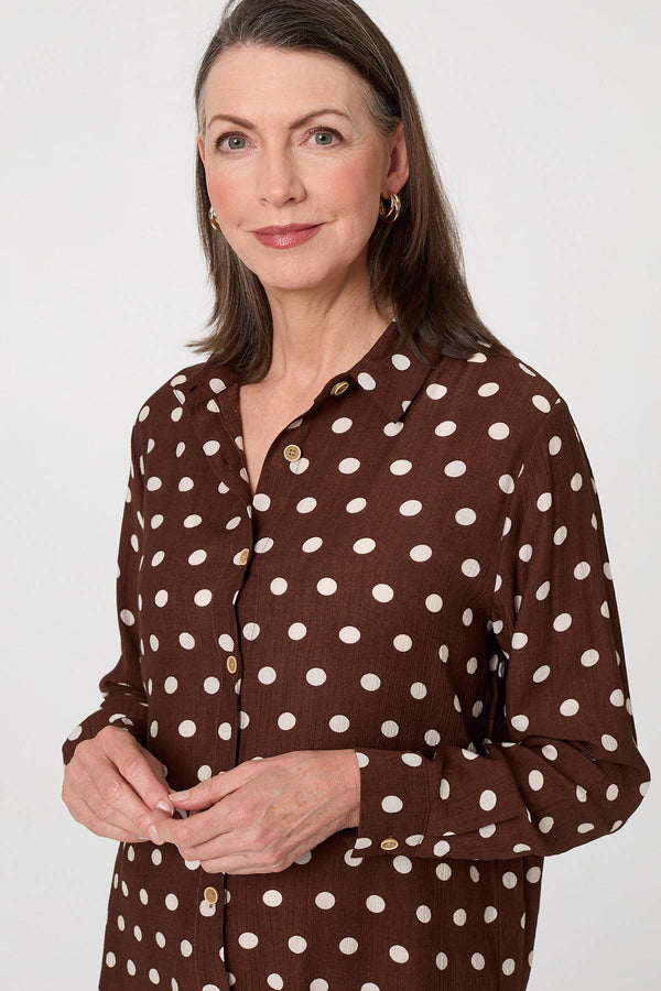 Brown | Polka Dot Print Long Sleeve Shirt