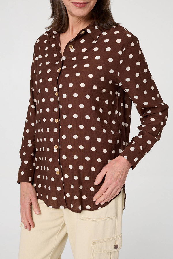 Brown | Polka Dot Print Long Sleeve Shirt