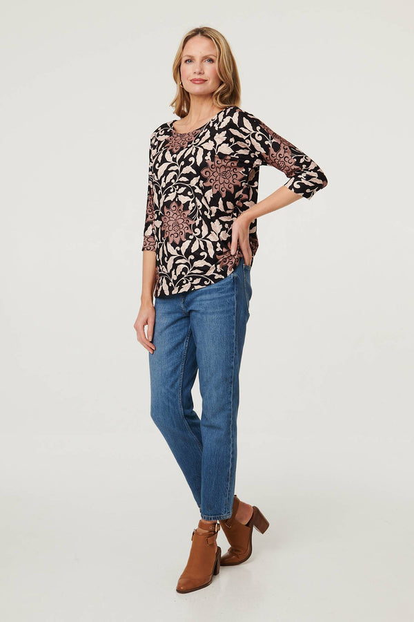 Black | Floral 3/4 Sleeve Boat Neck Top