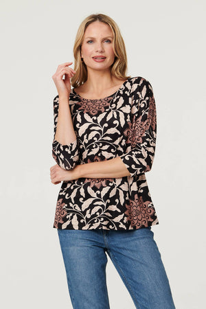 Black | Floral 3/4 Sleeve Boat Neck Top