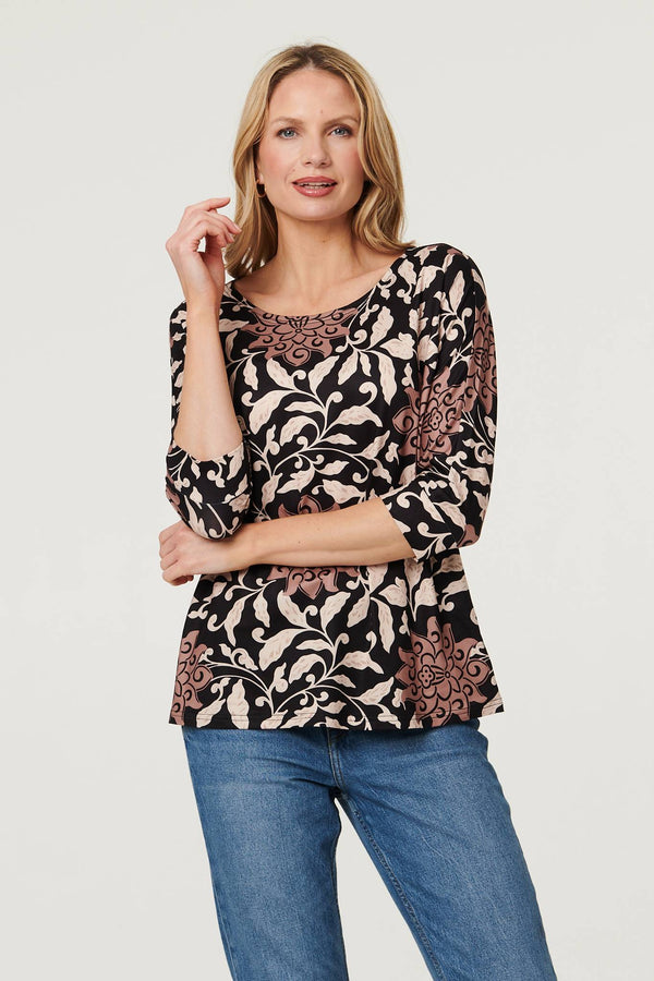 Black | Floral 3/4 Sleeve Boat Neck Top