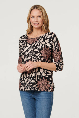 Black | Floral 3/4 Sleeve Boat Neck Top