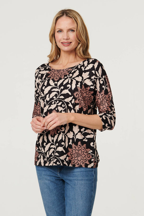 Black | Floral 3/4 Sleeve Boat Neck Top
