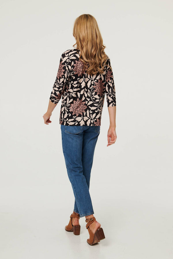 Black | Floral 3/4 Sleeve Boat Neck Top