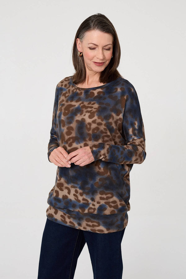 Blue | Animal Print Relaxed Long Sleeve Top