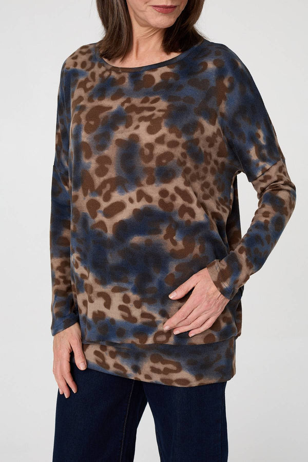 Blue | Animal Print Relaxed Long Sleeve Top