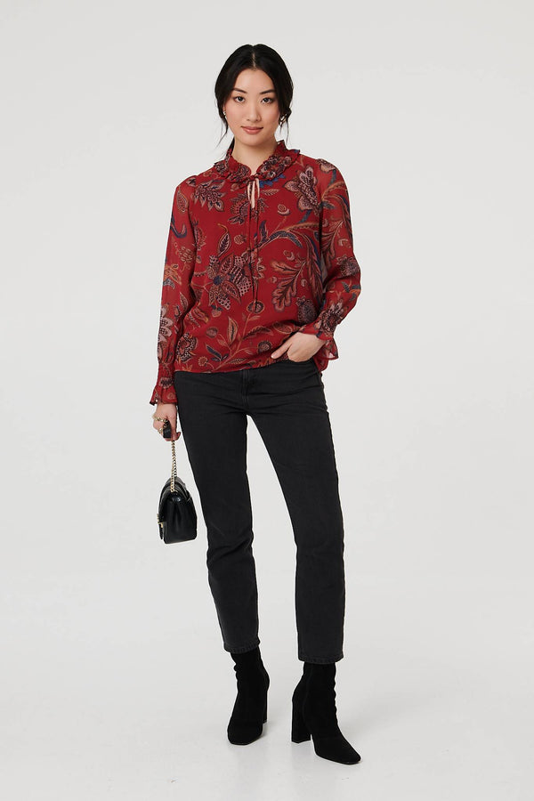 Red | Floral Frill High Neck Relaxed Blouse