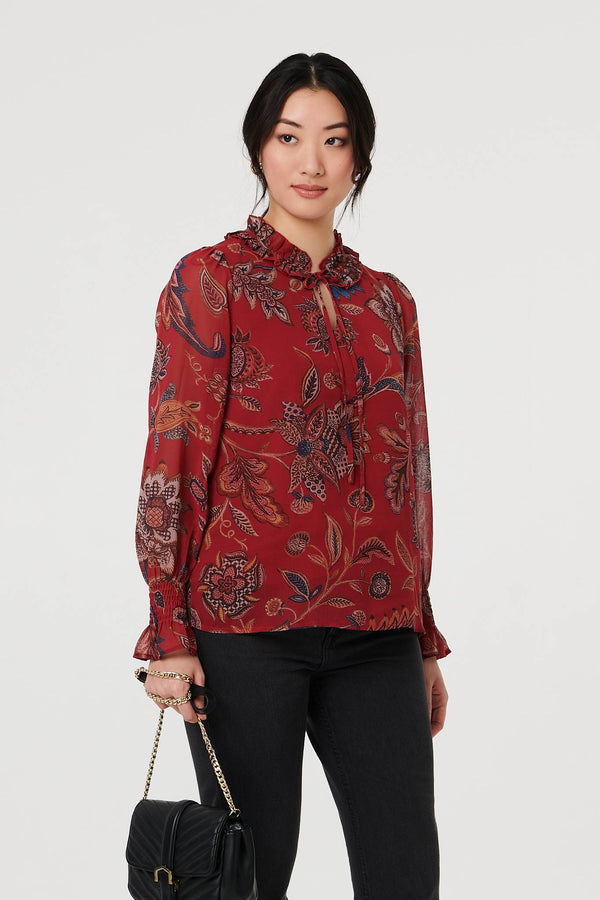 Red | Floral Frill High Neck Relaxed Blouse