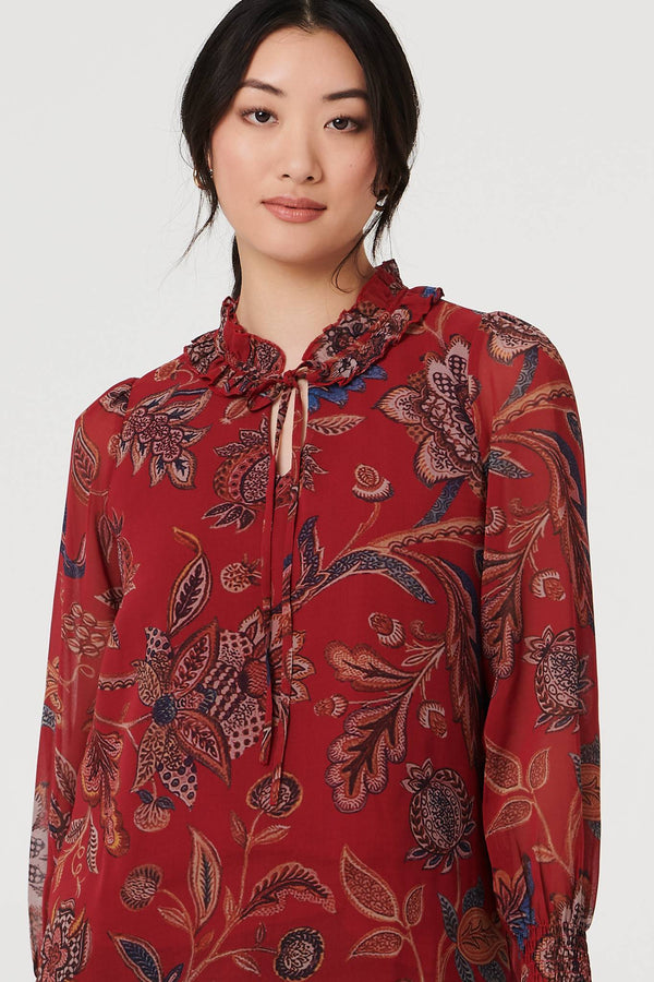 Red | Floral Frill High Neck Relaxed Blouse