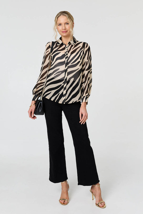 Black | Zebra Print Long Sleeve Semi Sheer Shirt