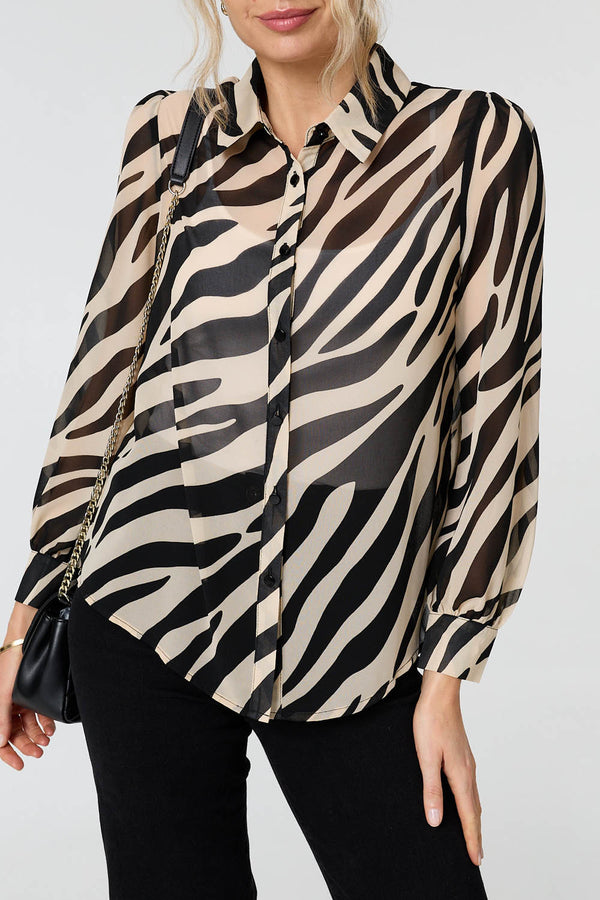 Black | Zebra Print Long Sleeve Semi Sheer Shirt