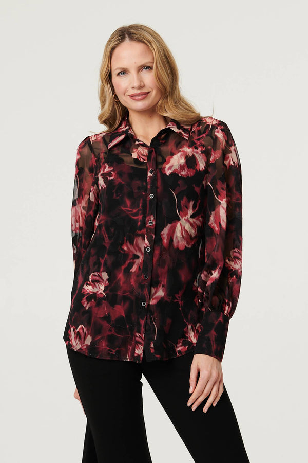 Black | Floral Semi Sheer Balloon Sleeve Shirt