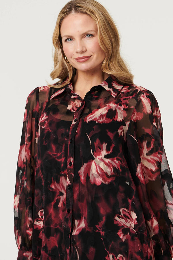 Black | Floral Semi Sheer Balloon Sleeve Shirt