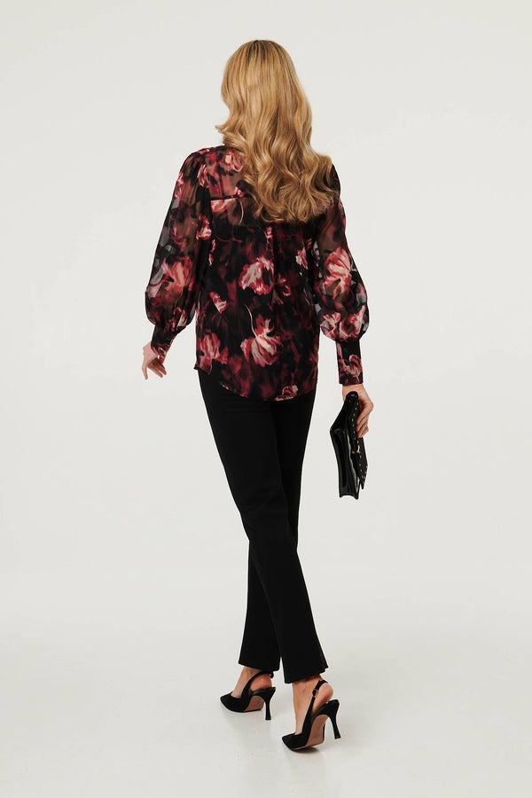 Black | Floral Semi Sheer Balloon Sleeve Shirt