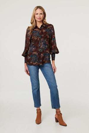 Brown | Printed Balloon Sleeve Relaxed Shirt