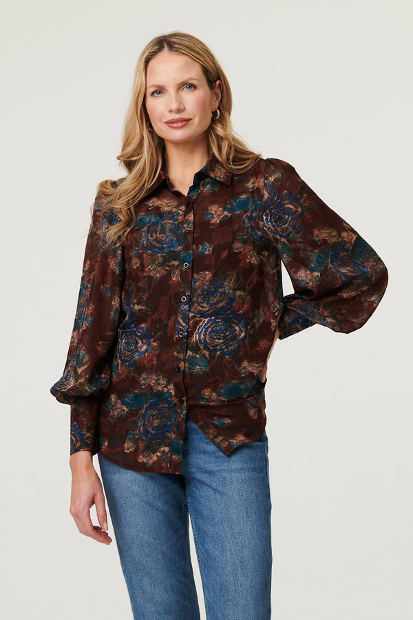 Brown | Printed Balloon Sleeve Relaxed Shirt