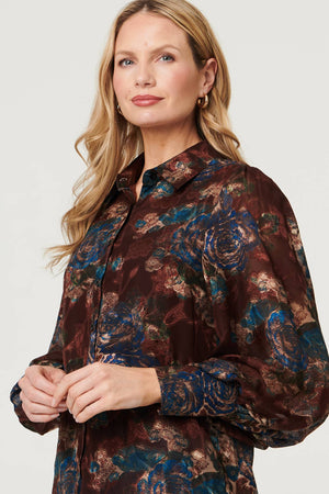 Brown | Printed Balloon Sleeve Relaxed Shirt