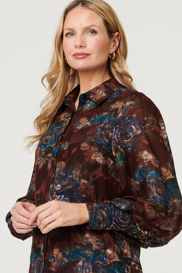 Brown | Printed Balloon Sleeve Relaxed Shirt