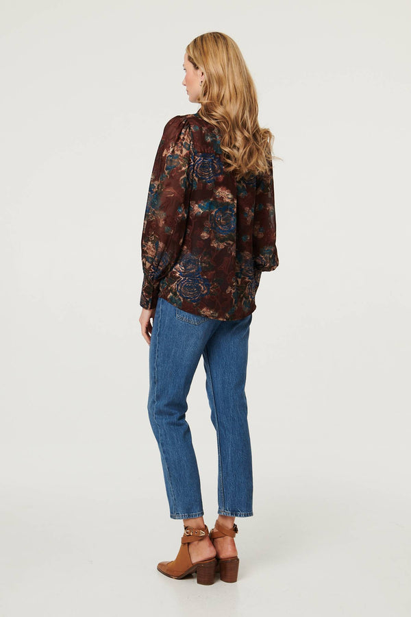 Brown | Printed Balloon Sleeve Relaxed Shirt
