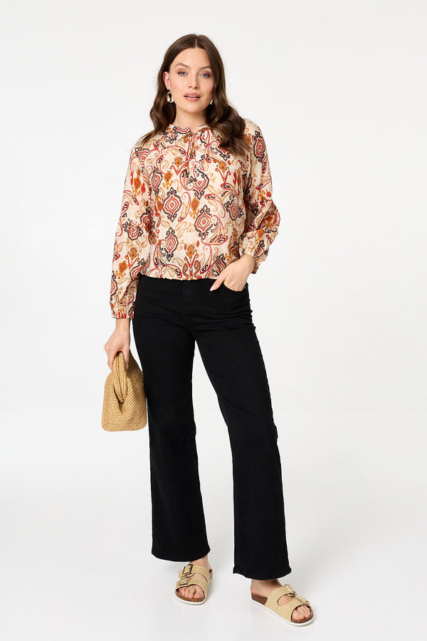 Orange | Printed Tie High Neck Long Sleeve Blouse