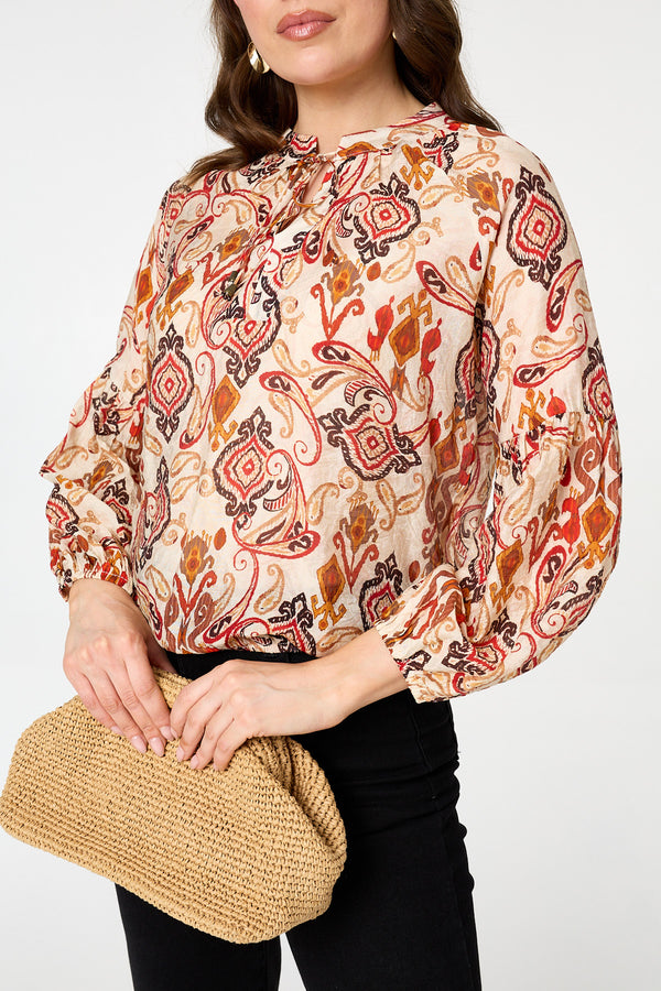 Orange | Printed Tie High Neck Long Sleeve Blouse