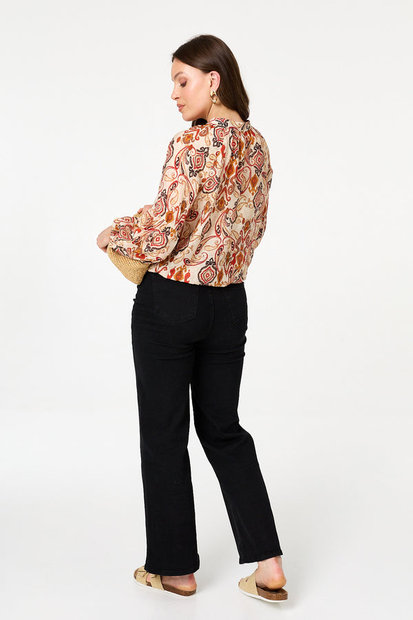 Orange | Printed Tie High Neck Long Sleeve Blouse