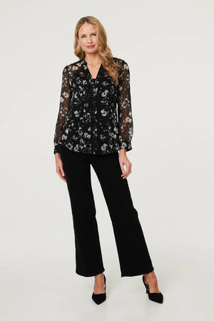 Black | Floral Semi Sheer Layer Lace Trim Blouse