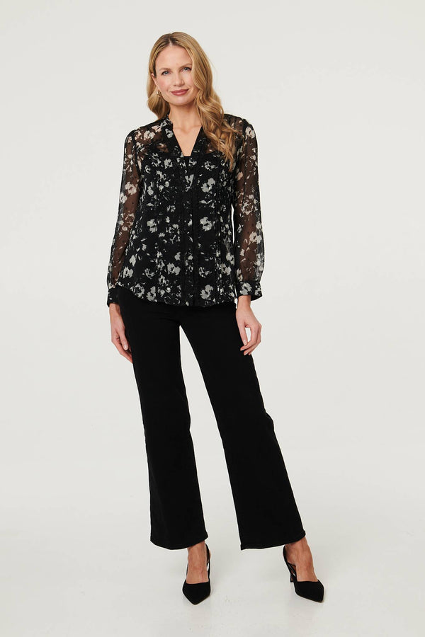 Black | Floral Semi Sheer Layer Lace Trim Blouse