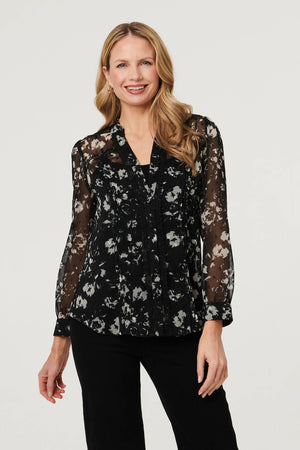 Black | Floral Semi Sheer Layer Lace Trim Blouse