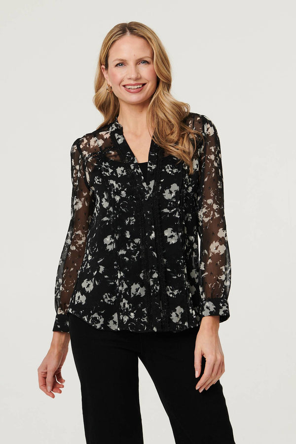 Black | Floral Semi Sheer Layer Lace Trim Blouse