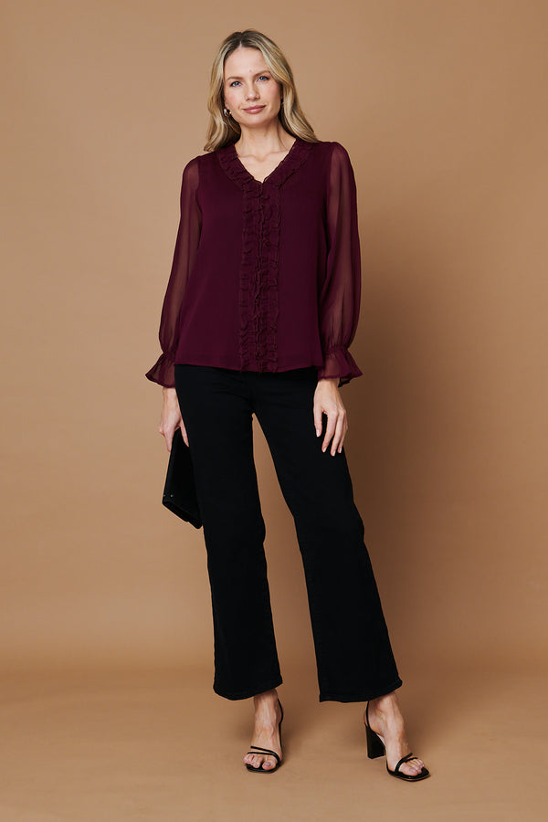 Purple | Semi Sheer Balloon Sleeve Frilled Blouse