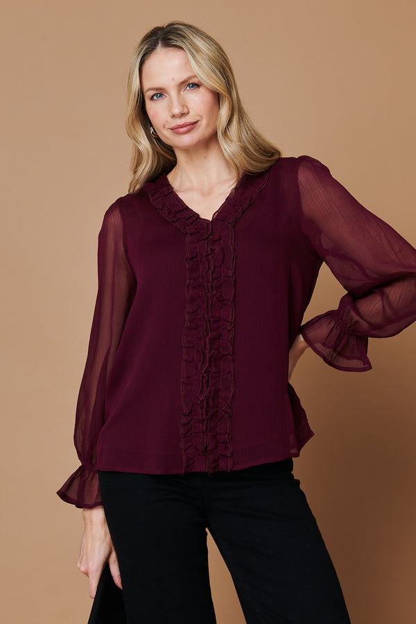 Purple | Semi Sheer Balloon Sleeve Frilled Blouse