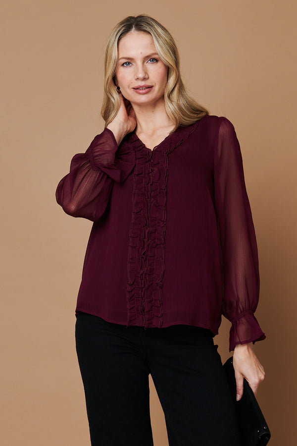 Purple | Semi Sheer Balloon Sleeve Frilled Blouse