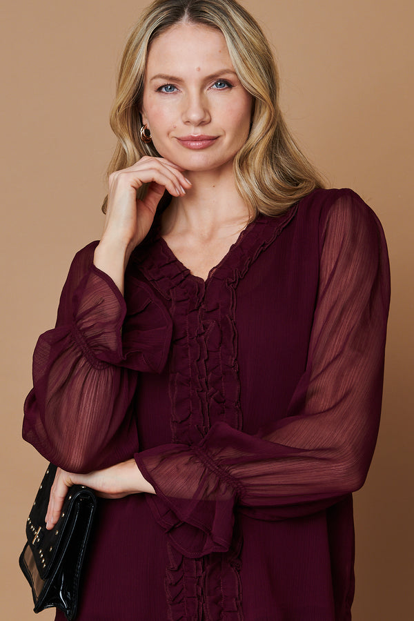Purple | Semi Sheer Balloon Sleeve Frilled Blouse