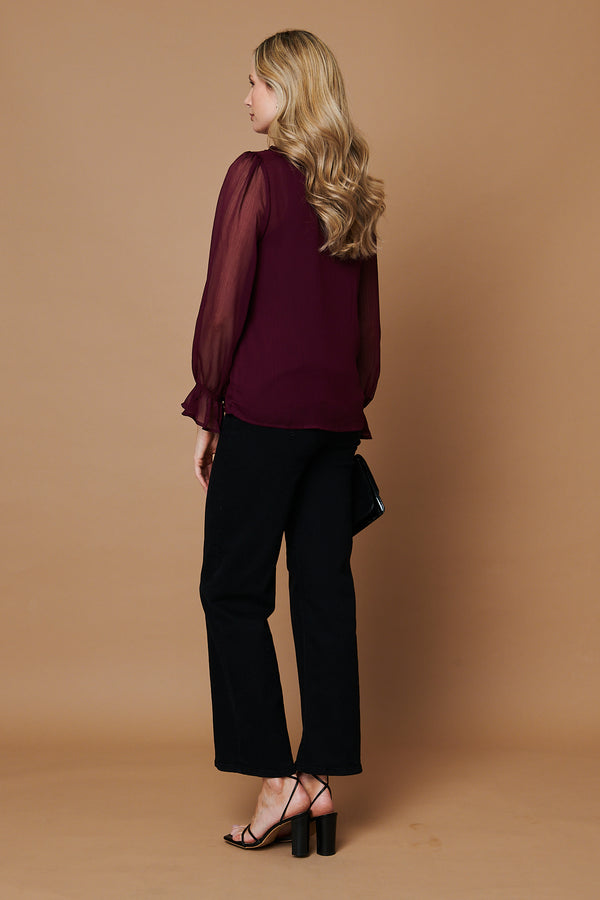 Purple | Semi Sheer Balloon Sleeve Frilled Blouse