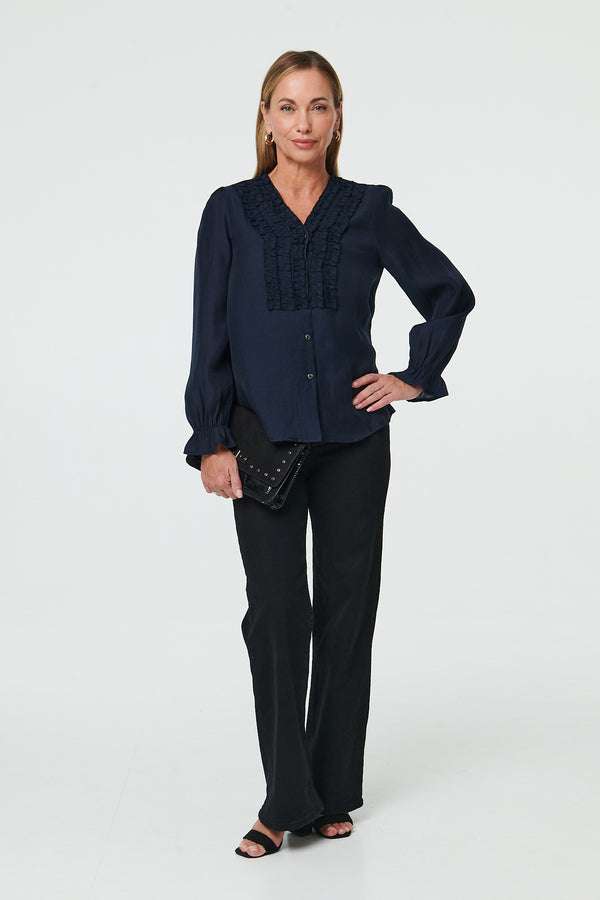 Navy | Long Sleeve Frilled Trim V-Neck Blouse