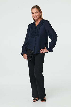 Navy | Long Sleeve Frilled Trim V-Neck Blouse