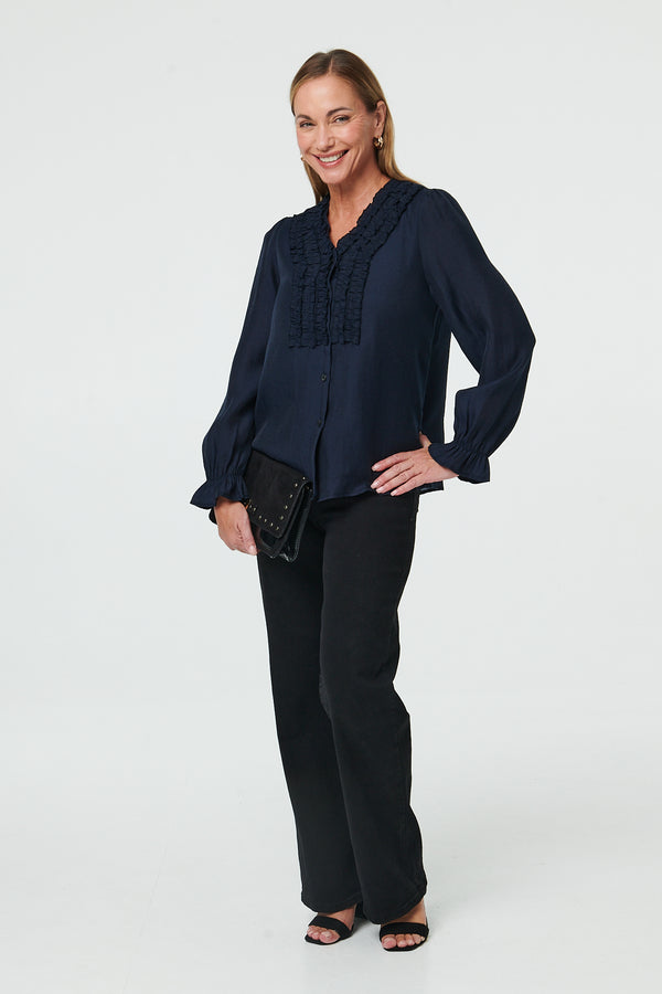 Navy | Long Sleeve Frilled Trim V-Neck Blouse