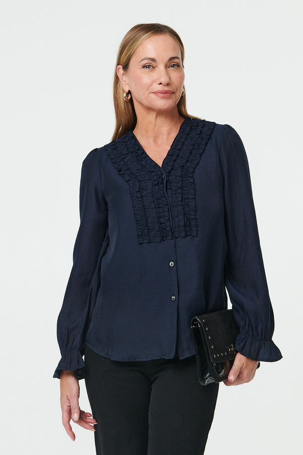 Navy | Long Sleeve Frilled Trim V-Neck Blouse