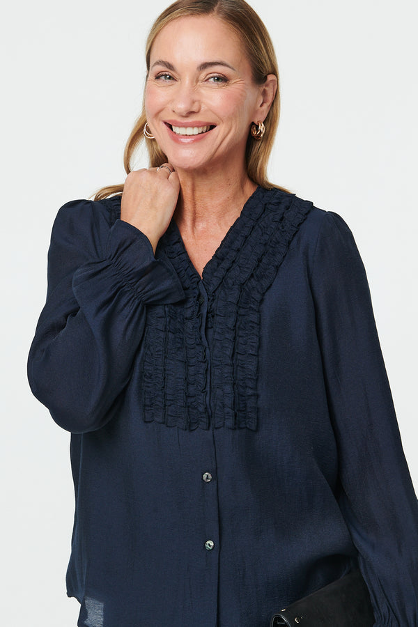 Navy | Long Sleeve Frilled Trim V-Neck Blouse