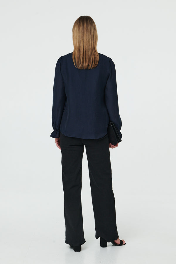 Navy | Long Sleeve Frilled Trim V-Neck Blouse