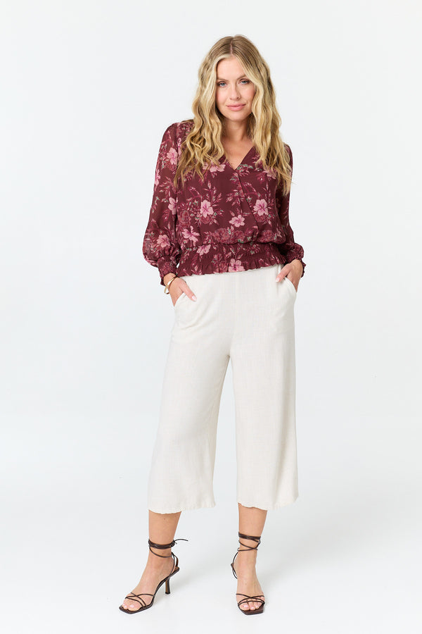 Red | Floral Long Sleeve Ruched Wrap Blouse