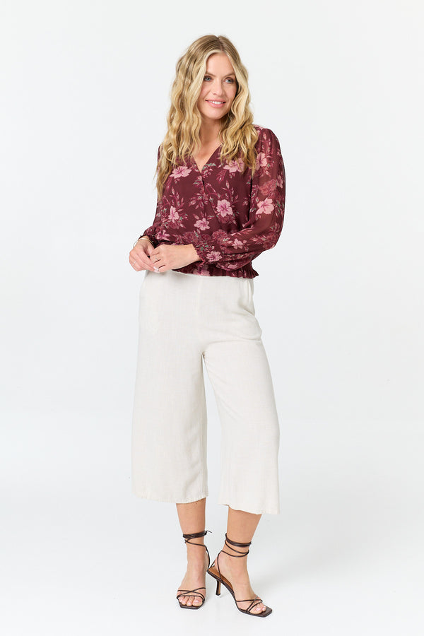 Red | Floral Long Sleeve Ruched Wrap Blouse